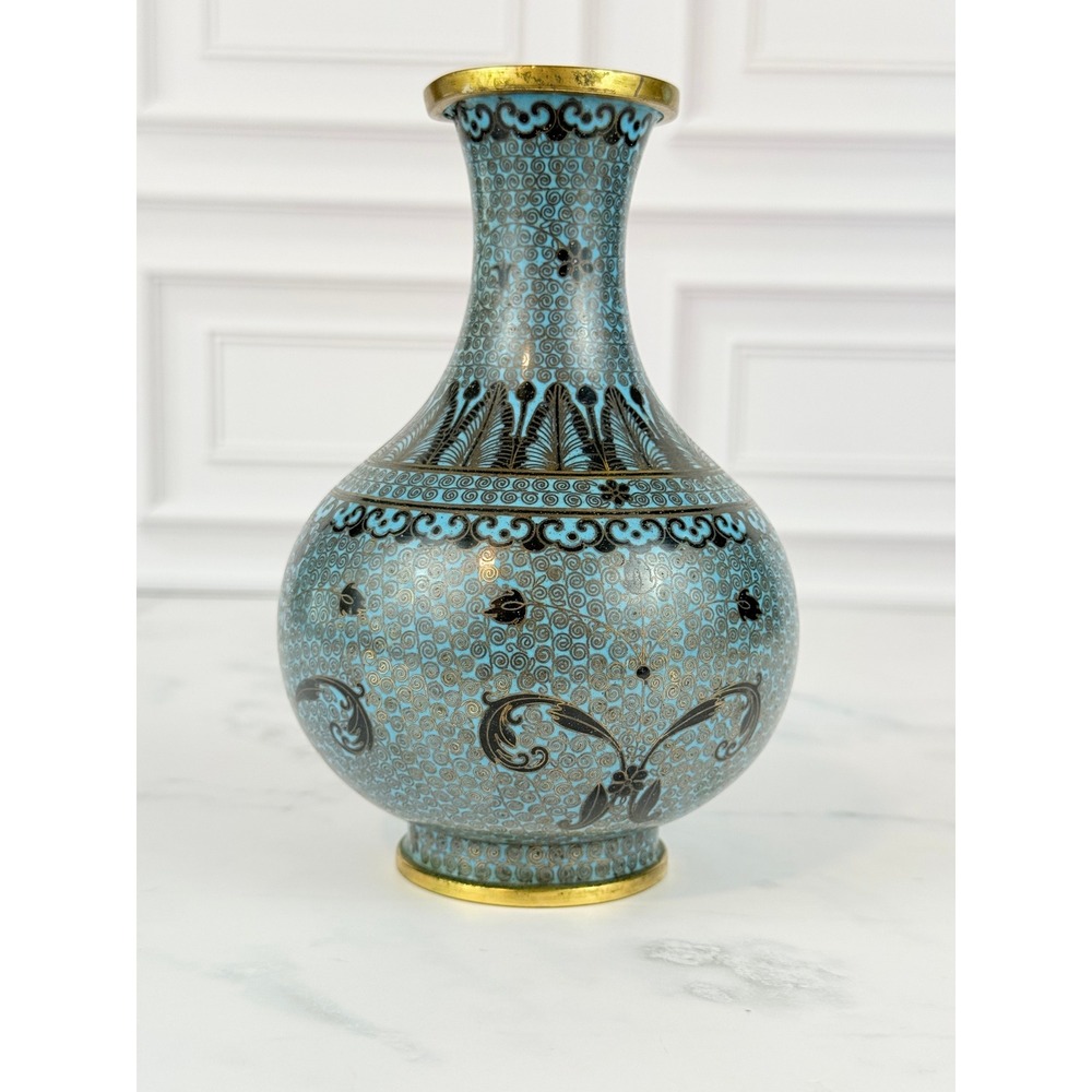 VTG Teal Blue Chinese Cloisonné Enamel and Brass Vase 6" Tall READ
